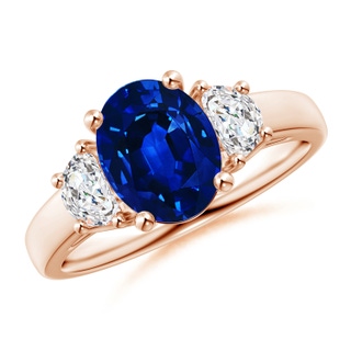 9x7mm Lab-Grown 3 Stone Oval Blue Sapphire and Half Moon Diamond Ring in Rose Gold