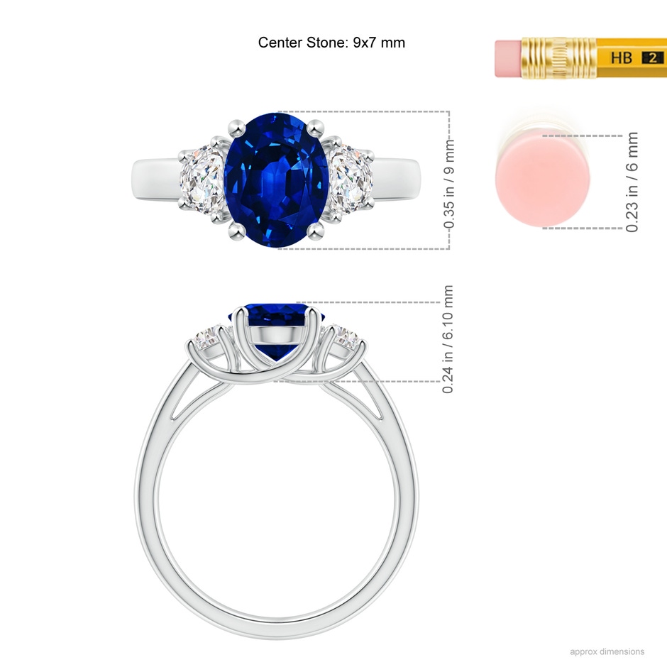 9x7mm Lab-Grown 3 Stone Oval Blue Sapphire and Half Moon Diamond Ring in White Gold ruler