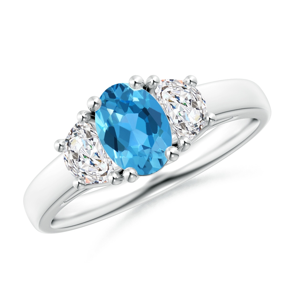 7x5mm AAA Three Stone Oval Swiss Blue Topaz and Half Moon Diamond Ring in White Gold