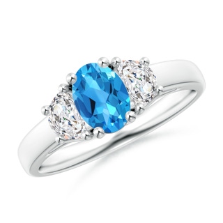 7x5mm AAAA Three Stone Oval Swiss Blue Topaz and Half Moon Diamond Ring in P950 Platinum