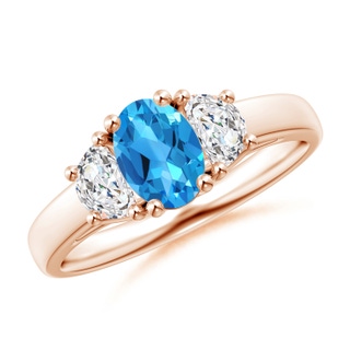 7x5mm AAAA Three Stone Oval Swiss Blue Topaz and Half Moon Diamond Ring in Rose Gold