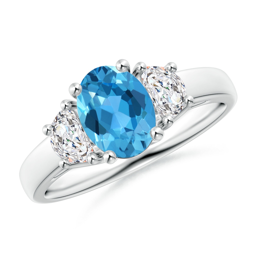 8x6mm AAA Three Stone Oval Swiss Blue Topaz and Half Moon Diamond Ring in White Gold