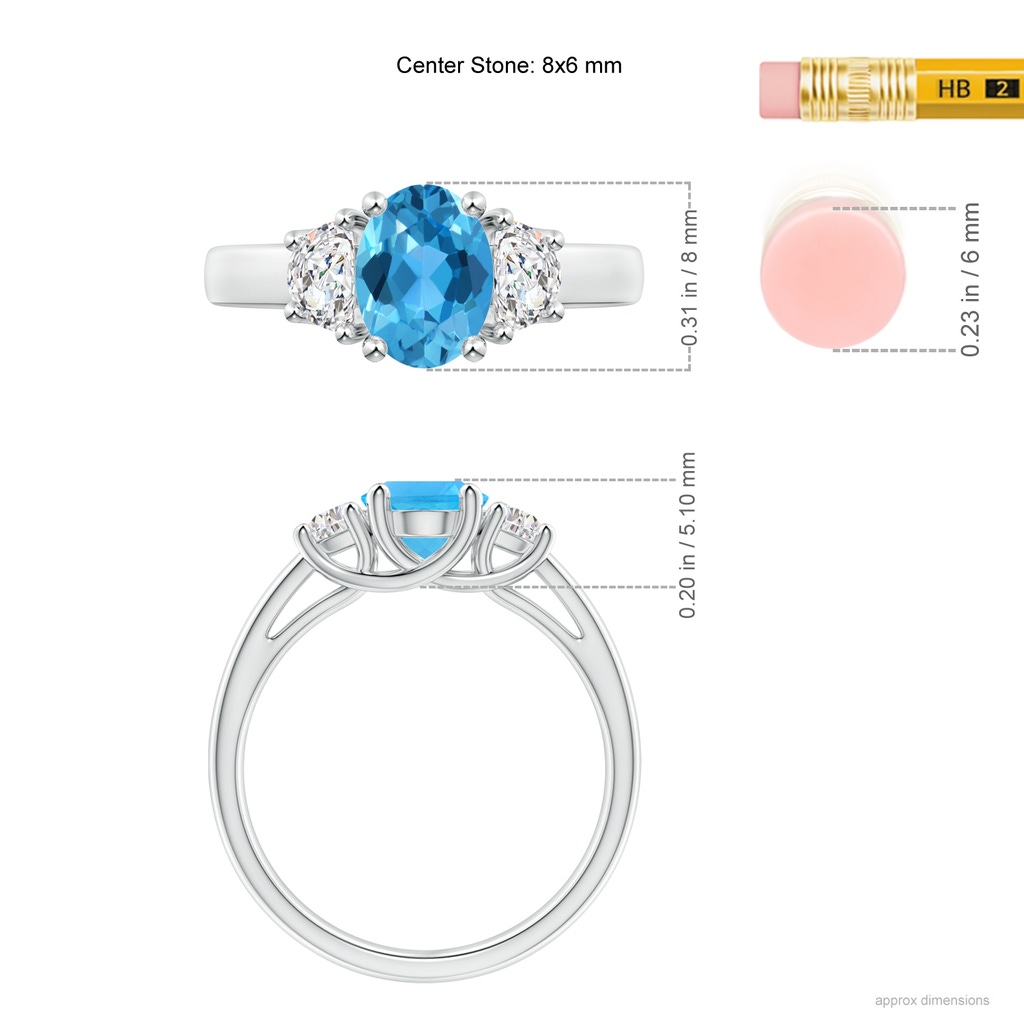8x6mm AAA Three Stone Oval Swiss Blue Topaz and Half Moon Diamond Ring in White Gold Ruler