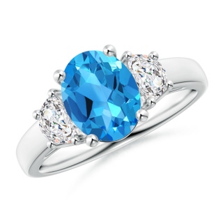 9x7mm AAAA Three Stone Oval Swiss Blue Topaz and Half Moon Diamond Ring in P950 Platinum