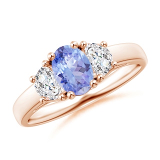 7x5mm A Three Stone Oval Tanzanite and Half Moon Diamond Ring in 10K Rose Gold