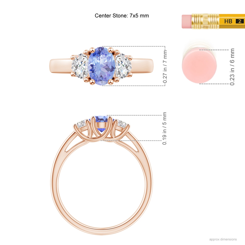 7x5mm A Three Stone Oval Tanzanite and Half Moon Diamond Ring in 10K Rose Gold Ruler