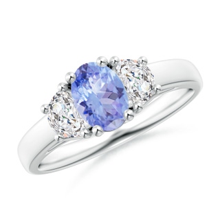 7x5mm A Three Stone Oval Tanzanite and Half Moon Diamond Ring in White Gold