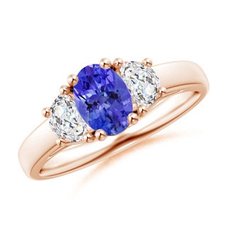 7x5mm AAA Three Stone Oval Tanzanite and Half Moon Diamond Ring in 9K Rose Gold