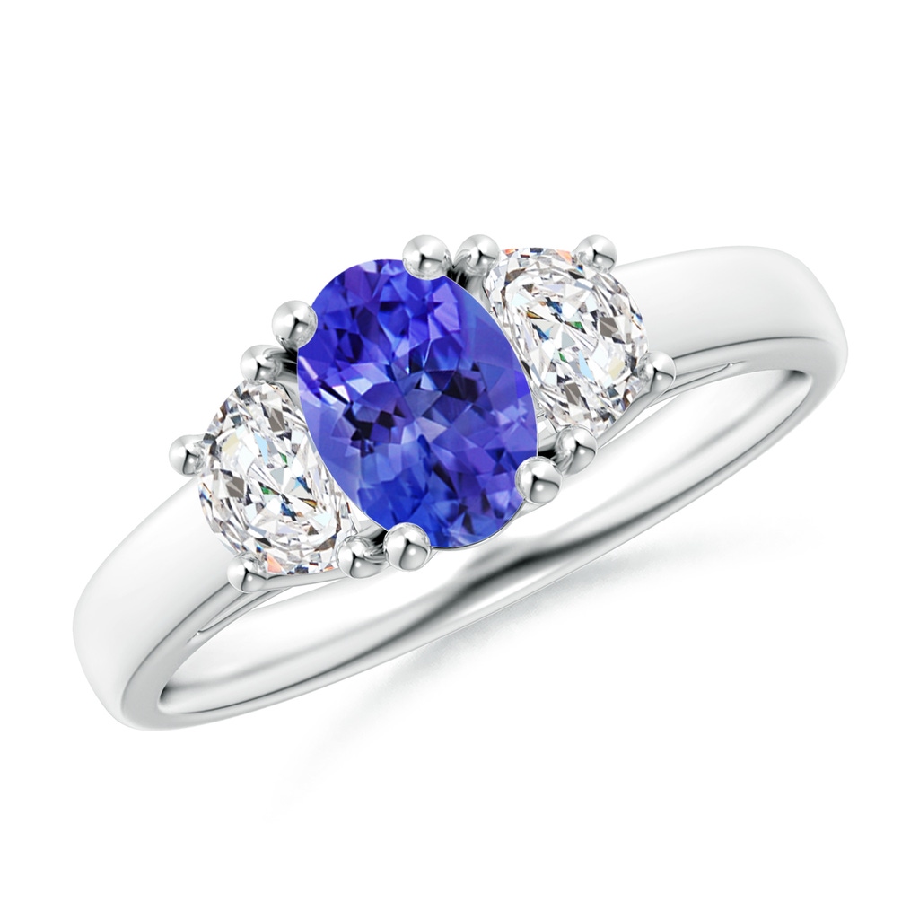 7x5mm AAA Three Stone Oval Tanzanite and Half Moon Diamond Ring in White Gold