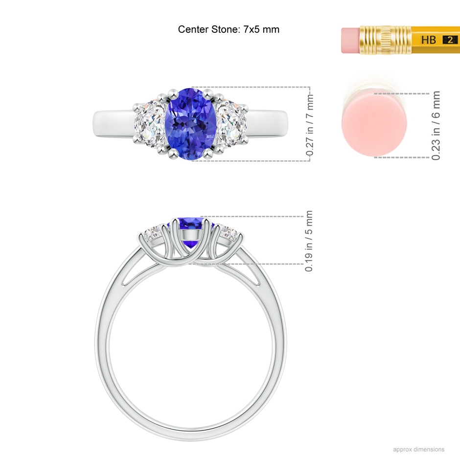 7x5mm AAA Three Stone Oval Tanzanite and Half Moon Diamond Ring in White Gold ruler