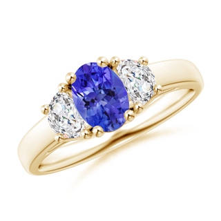 7x5mm AAA Three Stone Oval Tanzanite and Half Moon Diamond Ring in Yellow Gold