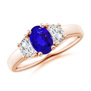 7x5mm AAAA Three Stone Oval Tanzanite and Half Moon Diamond Ring in 10K Rose Gold