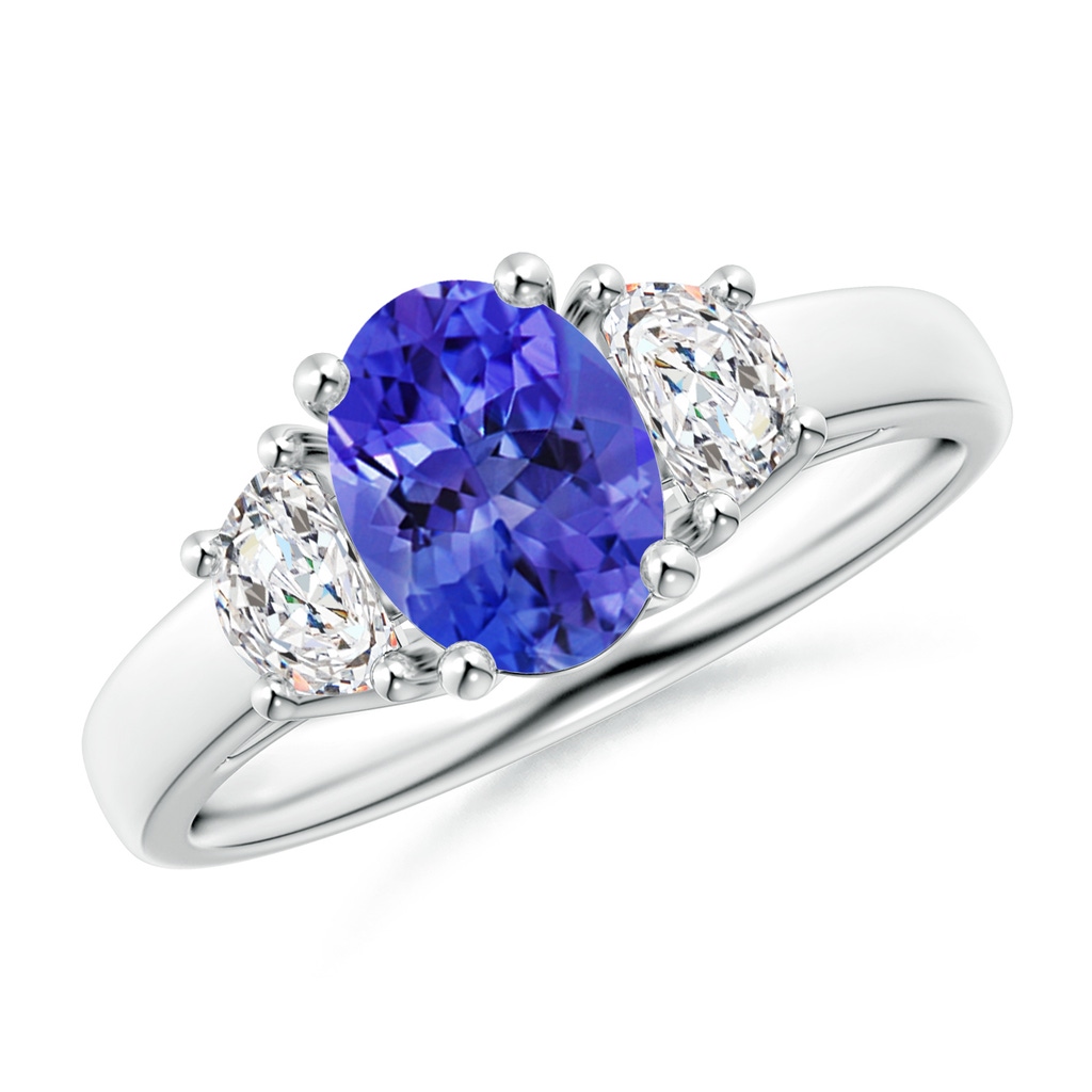 8x6mm AAA Three Stone Oval Tanzanite and Half Moon Diamond Ring in White Gold