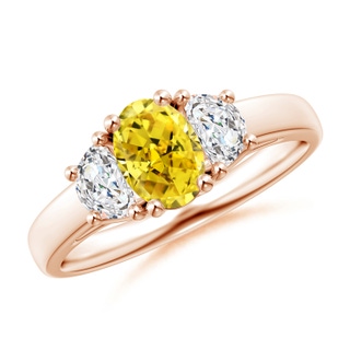 7x5mm AAAA Three Stone Oval Fancy Intense Yellow and Half Moon White Diamond Ring in 18K Rose Gold