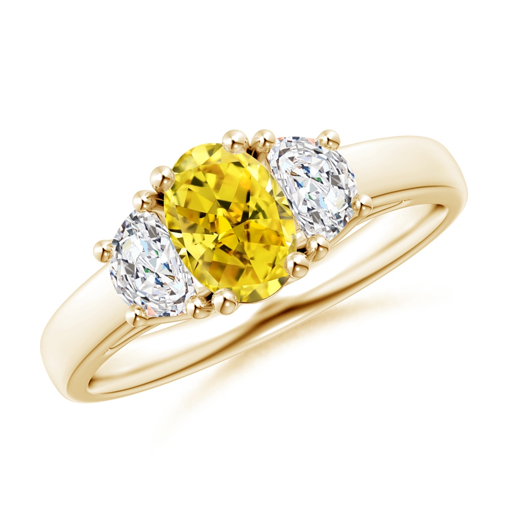 7x5mm AAAA Three Stone Oval Fancy Intense Yellow and Half Moon White Diamond Ring in Yellow Gold