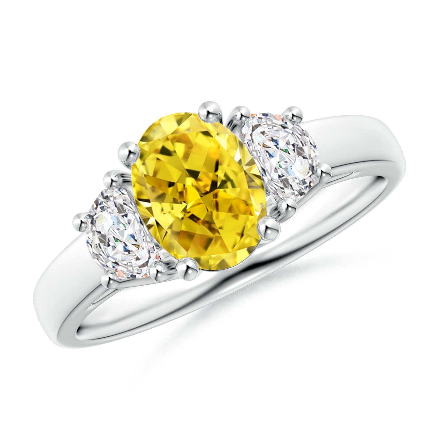 Angara 1.53 CTW Three Stone Oval Fancy Intense Yellow and Half Moon White Diamond Engagement Ring in Silver