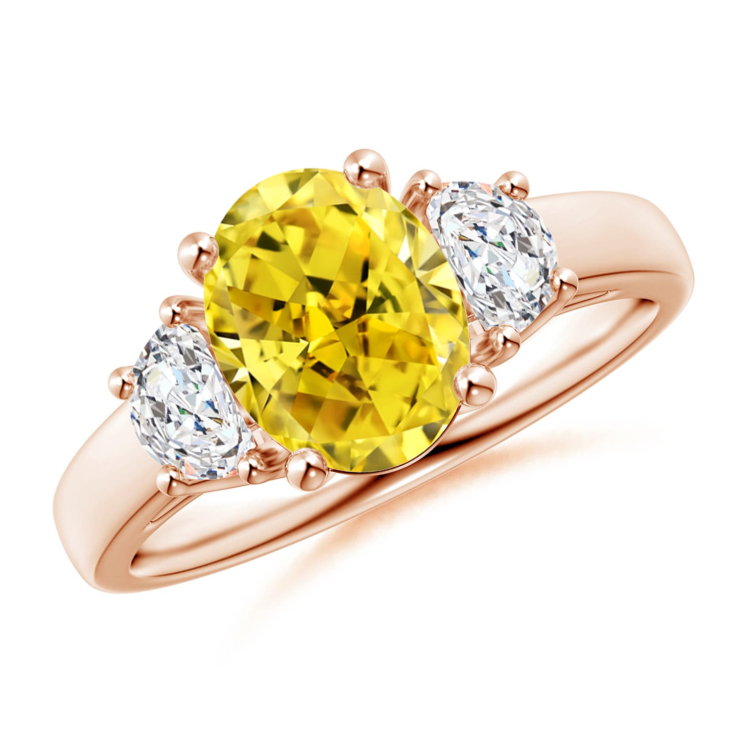 Angara 2.22 CTW Three Stone Oval Fancy Intense Yellow and Half Moon White Diamond Engagement Ring in 18K Rose Gold