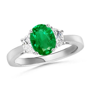 8x6mm AAA Emerald and Diamond Tapered Shank Three Stone Ring in White Gold