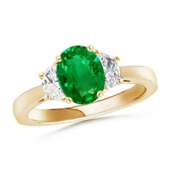 8x6mm AAAA Emerald and Diamond Tapered Shank Three Stone Ring in Yellow Gold