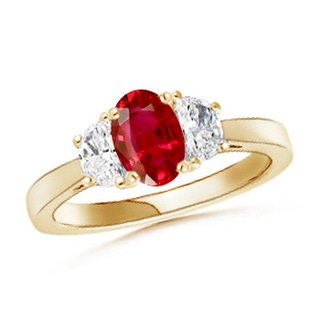 7x5mm AAA Ruby and Diamond Tapered Shank Three Stone Ring in Yellow Gold