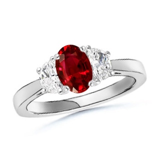 7x5mm AAAA Ruby and Diamond Tapered Shank Three Stone Ring in White Gold