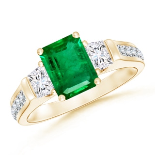 8x6mm AAA Three Stone Emerald-Cut Emerald and Trapezoid Diamond Ring in Yellow Gold