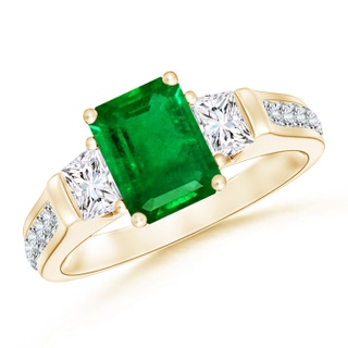 8x6mm AAAA Three Stone Emerald-Cut Emerald and Trapezoid Diamond Ring in Yellow Gold