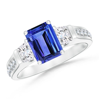 8x6mm AAA Three Stone Emerald-Cut Tanzanite and Trapezoid Diamond Ring in 9K White Gold