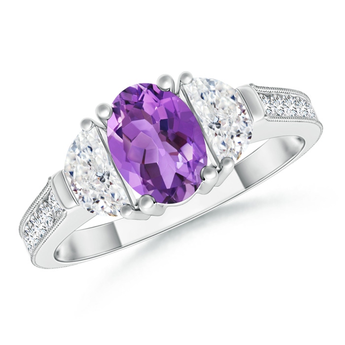 7x5mm AA Oval Amethyst and Half Moon Diamond Three Stone Ring in White Gold 