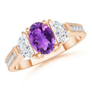 7x5mm AAA Oval Amethyst and Half Moon Diamond Three Stone Ring in Rose Gold