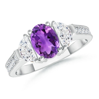 7x5mm AAA Oval Amethyst and Half Moon Diamond Three Stone Ring in White Gold