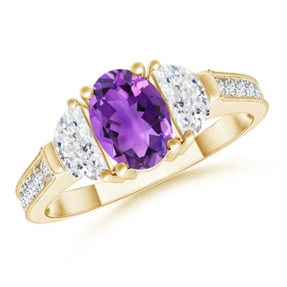 7x5mm AAA Oval Amethyst and Half Moon Diamond Three Stone Ring in Yellow Gold