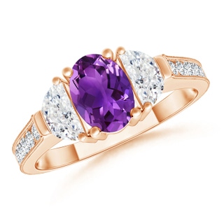 7x5mm AAAA Oval Amethyst and Half Moon Diamond Three Stone Ring in Rose Gold