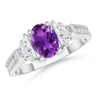 7x5mm AAAA Oval Amethyst and Half Moon Diamond Three Stone Ring in White Gold