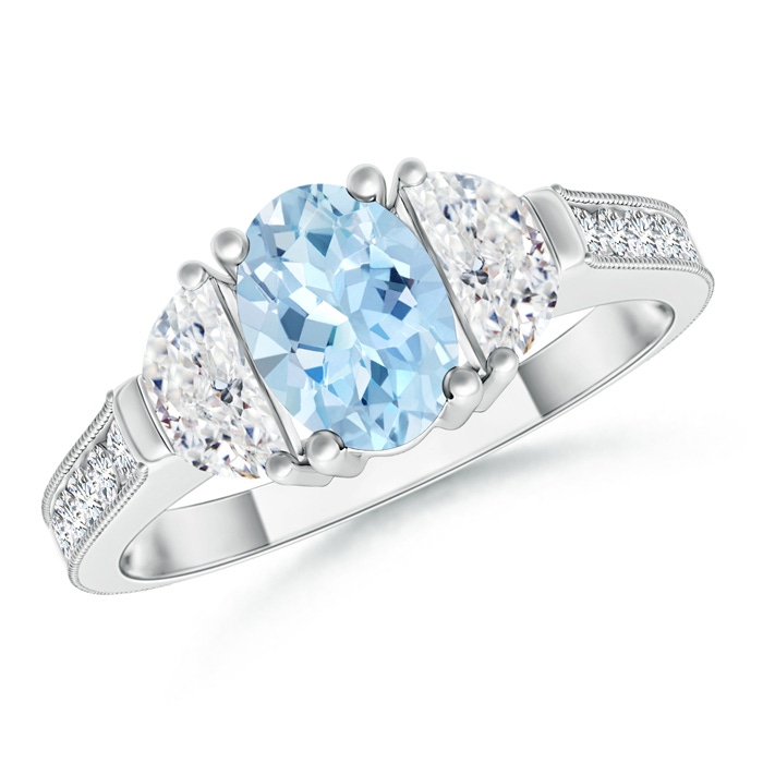 7x5mm AAA Oval Aquamarine and Half Moon Diamond Three Stone Ring in White Gold