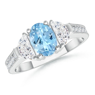 7x5mm AAAA Oval Aquamarine and Half Moon Diamond Three Stone Ring in P950 Platinum