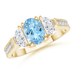 7x5mm AAAA Oval Aquamarine and Half Moon Diamond Three Stone Ring in Yellow Gold