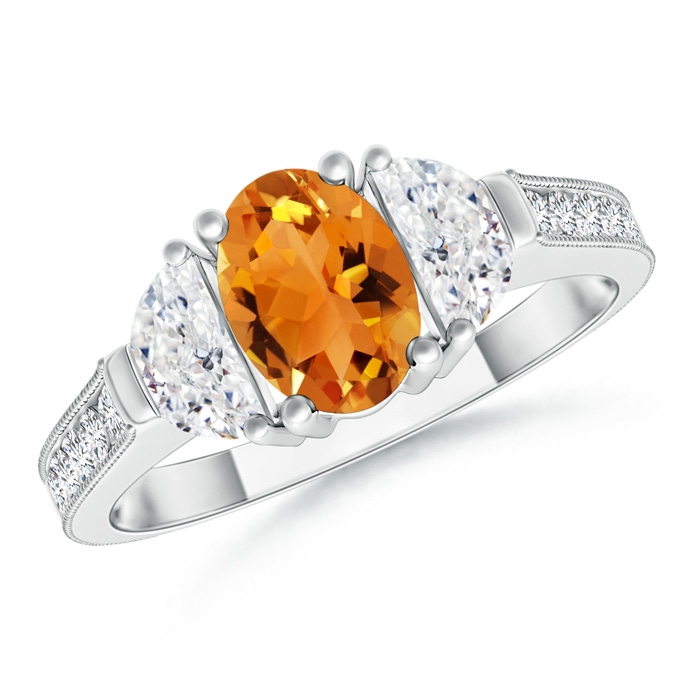 7x5mm AAA Oval Citrine and Half Moon Diamond Three Stone Ring in White Gold