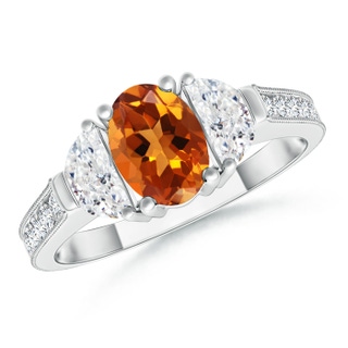 7x5mm AAAA Oval Citrine and Half Moon Diamond Three Stone Ring in P950 Platinum