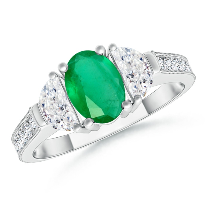 7x5mm A Oval Emerald and Half Moon Diamond Three Stone Ring in White Gold 