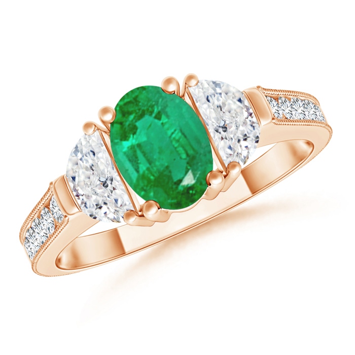 7x5mm AA Oval Emerald and Half Moon Diamond Three Stone Ring in Rose Gold 