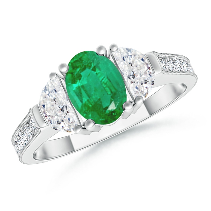 7x5mm AA Oval Emerald and Half Moon Diamond Three Stone Ring in White Gold 
