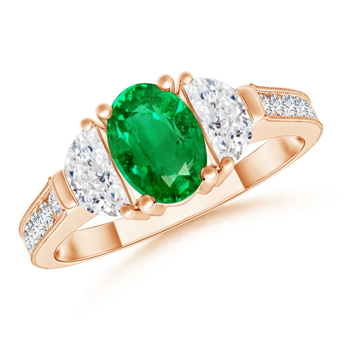 7x5mm AAA Oval Emerald and Half Moon Diamond Three Stone Ring in Rose Gold 