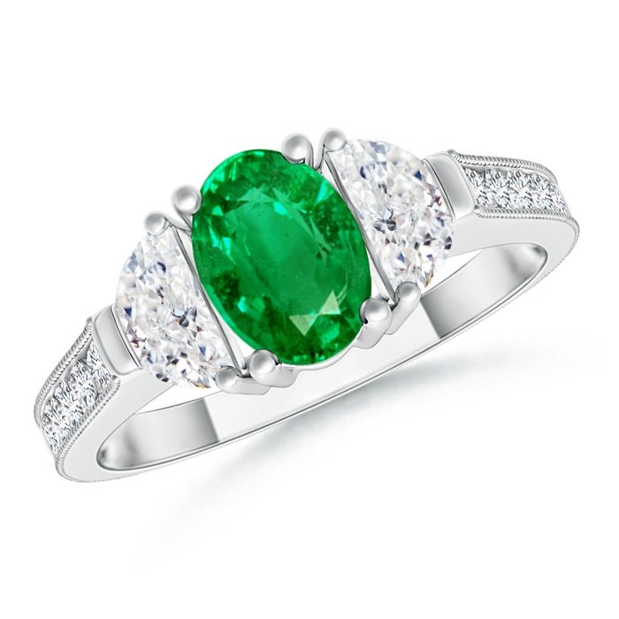 7x5mm AAA Oval Emerald and Half Moon Diamond Three Stone Ring in White Gold