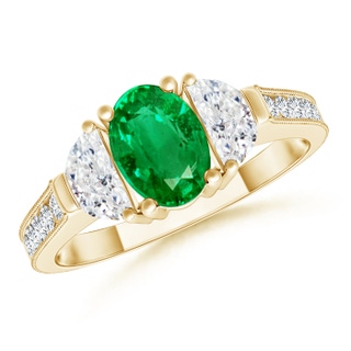 7x5mm AAA Oval Emerald and Half Moon Diamond Three Stone Ring in Yellow Gold
