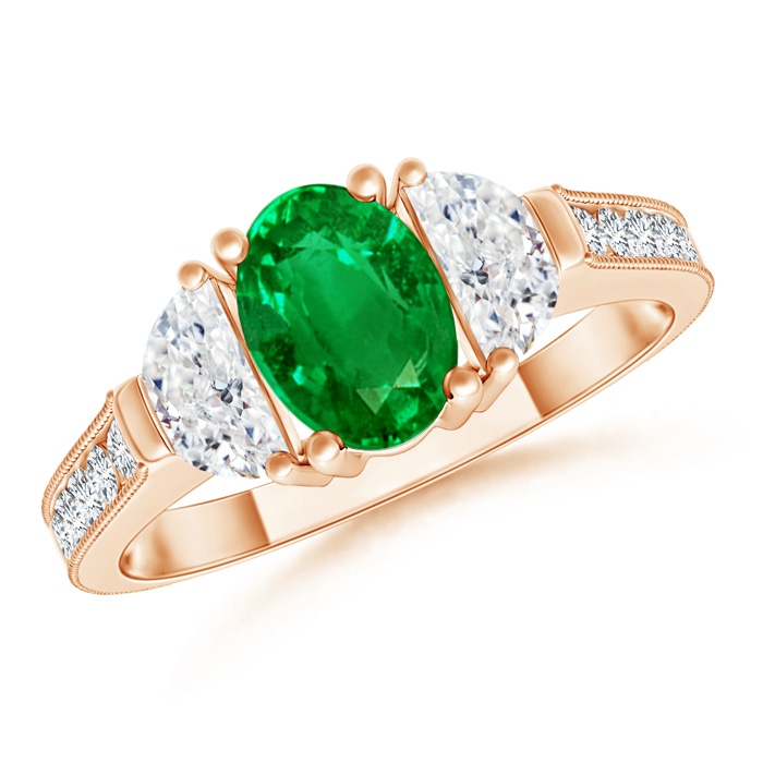 7x5mm AAAA Oval Emerald and Half Moon Diamond Three Stone Ring in Rose Gold 