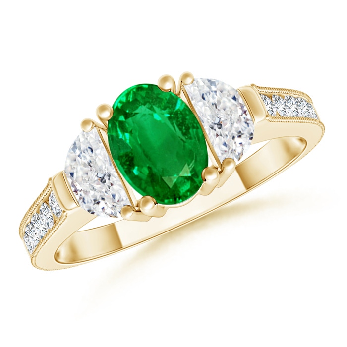 7x5mm AAAA Oval Emerald and Half Moon Diamond Three Stone Ring in Yellow Gold