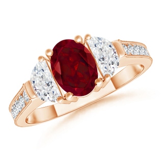 7x5mm AAA Oval Garnet and Half Moon Diamond Three Stone Ring in Rose Gold