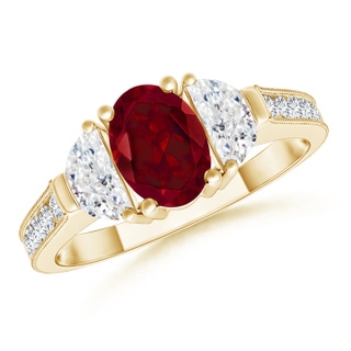 7x5mm AAA Oval Garnet and Half Moon Diamond Three Stone Ring in Yellow Gold