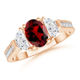 7x5mm AAAA Oval Garnet and Half Moon Diamond Three Stone Ring in Rose Gold